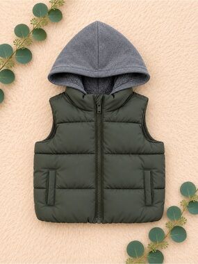 Old Navy Green Puffer Vest with Gray Hood